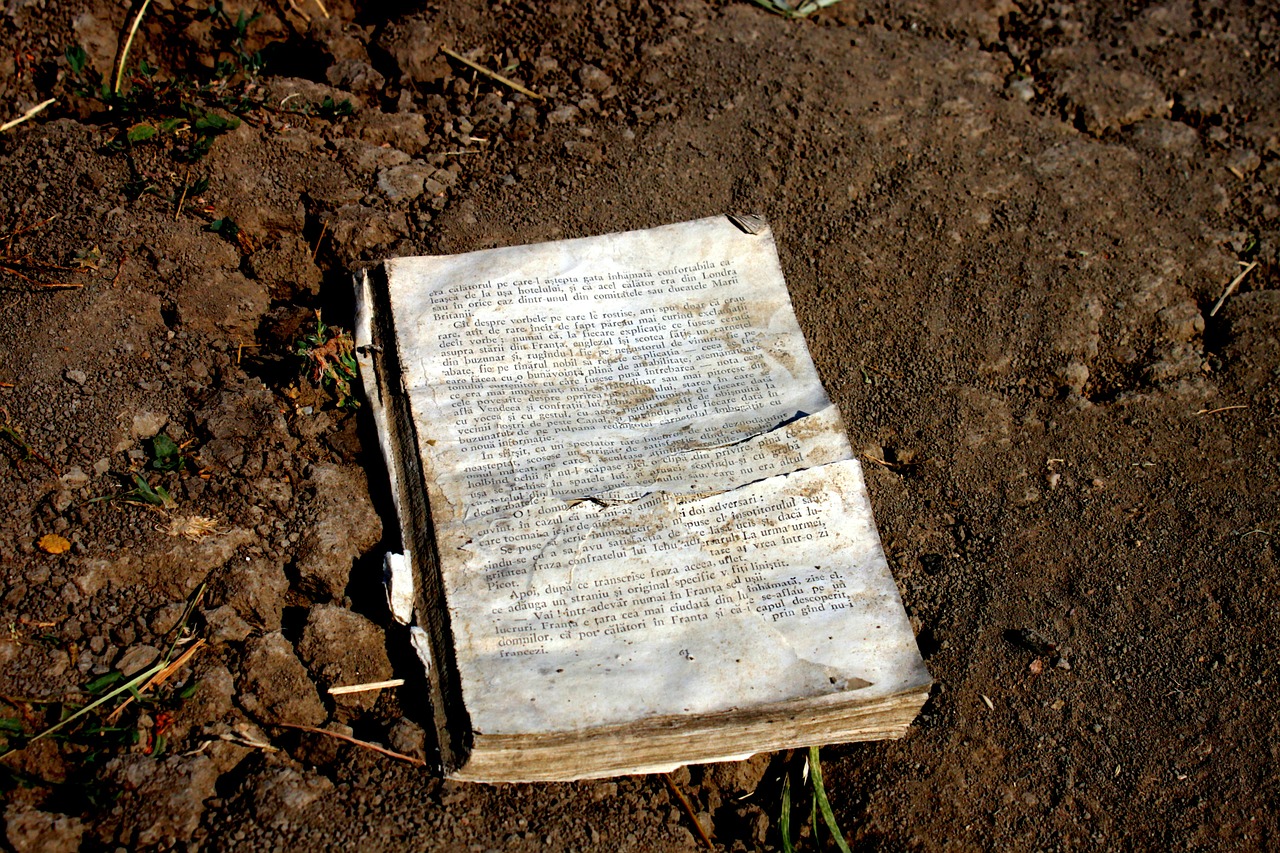 a damaged book sitting in the dirt